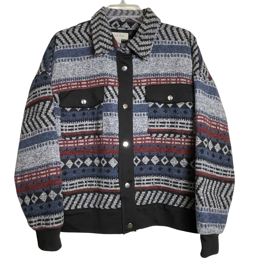 Charlie Paige Mens Geometric Print‎ Button Up Shirt Jacket Blue Gray Red M